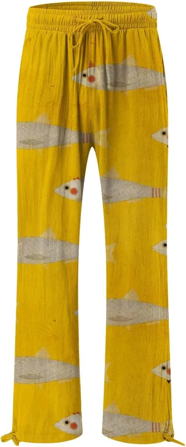 Casual Pants for Women Japanese Fish Art Printed Baggy Cropped Wide Leg Pallazzo Trousers Beach Relaxed Comfy Pants