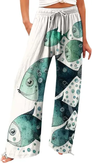 Casual Pants for Women Japanese Fish Art Printed Baggy Cropped Wide Leg Pallazzo Trousers Beach Relaxed Comfy Pants