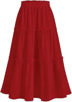Casual Women's Skirt Women Red Long Tiered Layer Frill Trim Ruffle Hem Long Skirt for Women