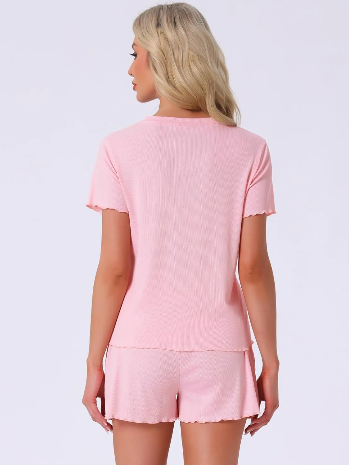 cheibear Womens Ribbed Knit Pajama Set Soft Short Sleeve Top and Shorts Ruffled Lounge Set with Pocket