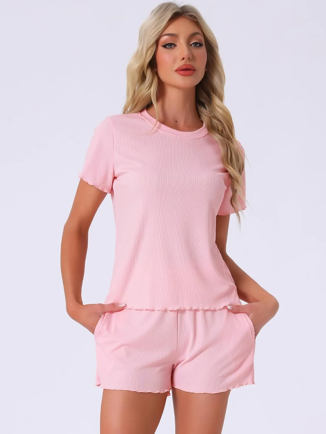 cheibear Womens Ribbed Knit Pajama Set Soft Short Sleeve Top and Shorts Ruffled Lounge Set with Pocket