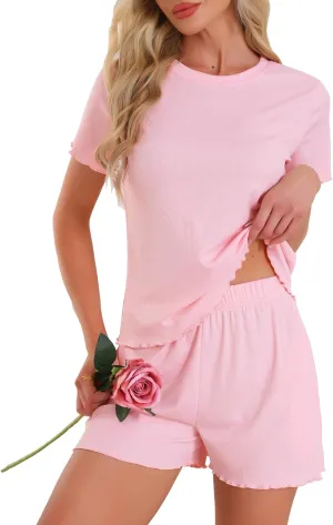 cheibear Womens Ribbed Knit Pajama Set Soft Short Sleeve Top and Shorts Ruffled Lounge Set with Pocket