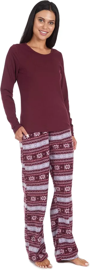 Cherokee Women's Set, Long Sleeve Cotton Top & Micro Fleece Pants, Soft & Cozy Loungewear