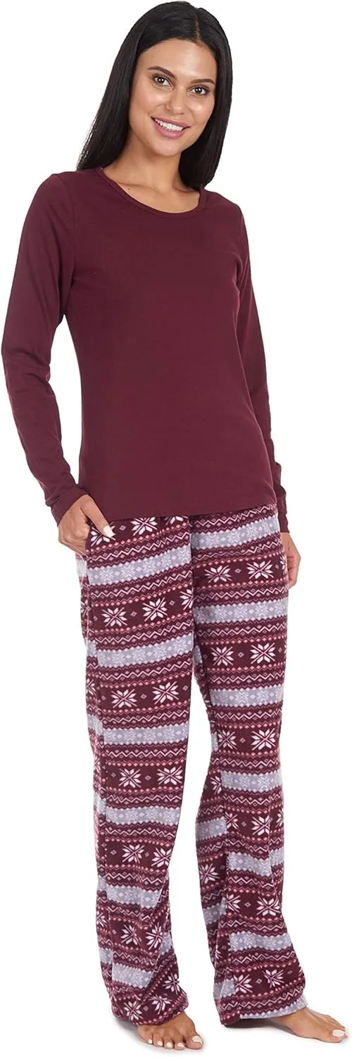 Cherokee Women's Set, Long Sleeve Cotton Top & Micro Fleece Pants, Soft & Cozy Loungewear