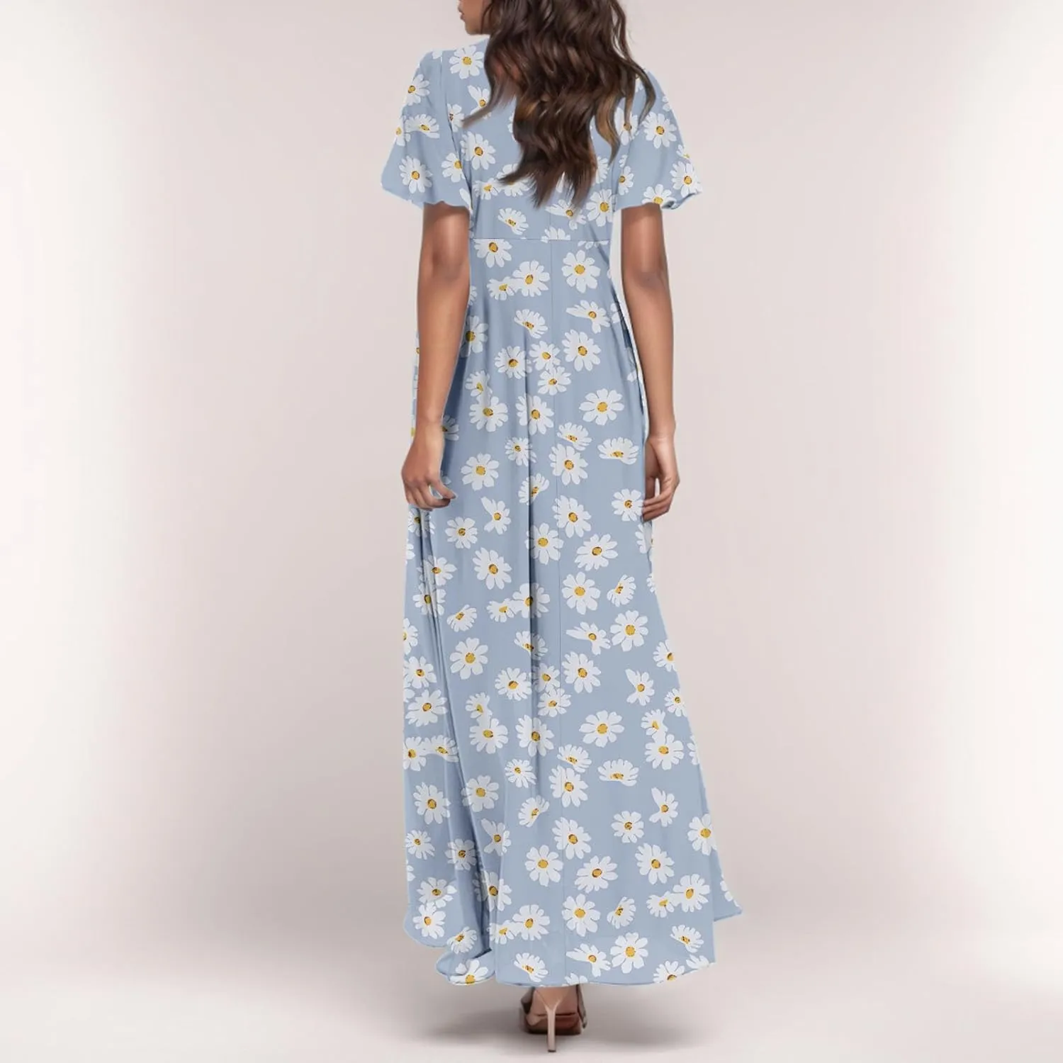 Chiffon Dresses for Women Summer Elegant V Neck Empire Waist Swing Ruffle Floral Maxi Dress with Sleeves