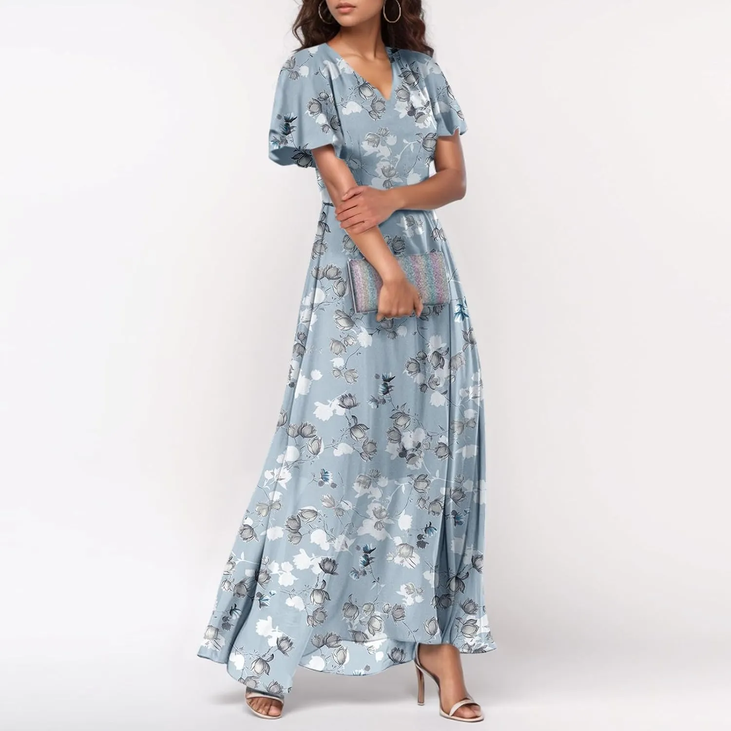 Chiffon Dresses for Women Summer Elegant V Neck Empire Waist Swing Ruffle Floral Maxi Dress with Sleeves