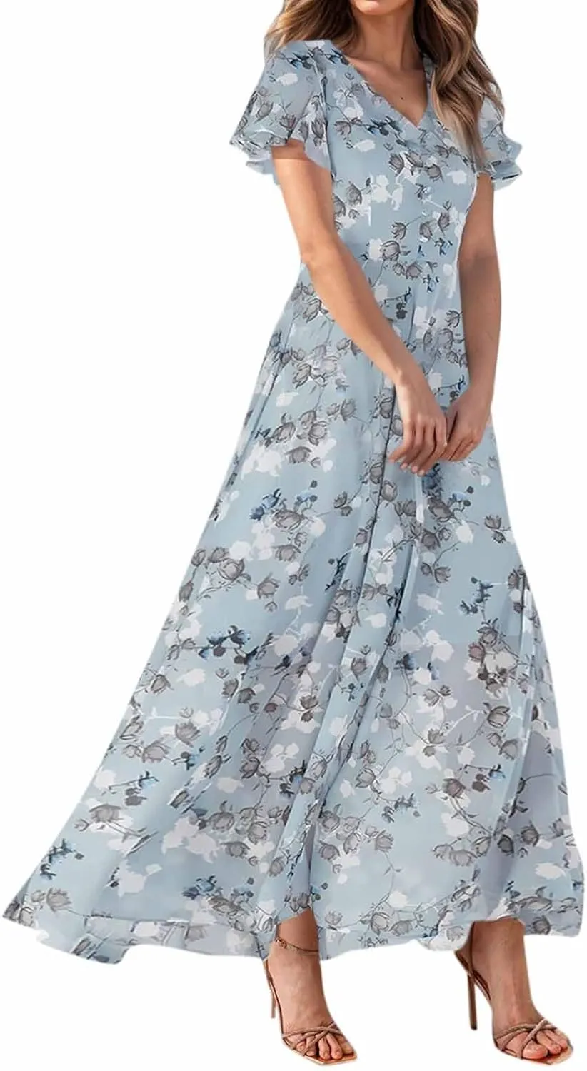 Chiffon Dresses for Women Summer Elegant V Neck Empire Waist Swing Ruffle Floral Maxi Dress with Sleeves