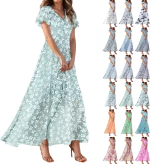 Chiffon Dresses for Women Summer Elegant V Neck Empire Waist Swing Ruffle Floral Maxi Dress with Sleeves