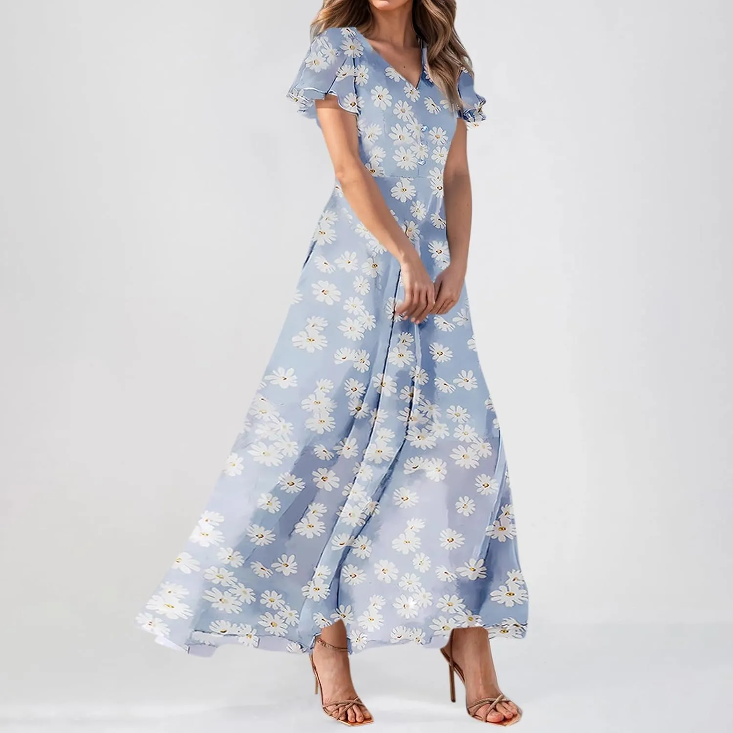 Chiffon Dresses for Women Summer Elegant V Neck Empire Waist Swing Ruffle Floral Maxi Dress with Sleeves