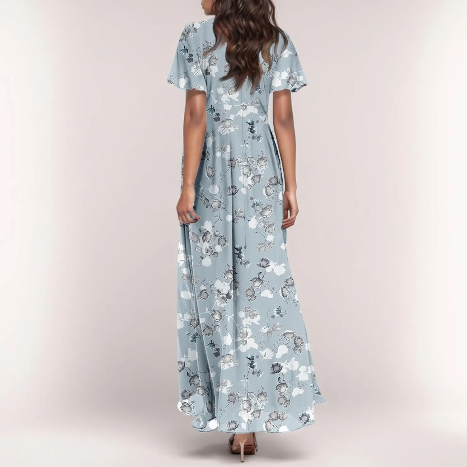 Chiffon Dresses for Women Summer Elegant V Neck Empire Waist Swing Ruffle Floral Maxi Dress with Sleeves