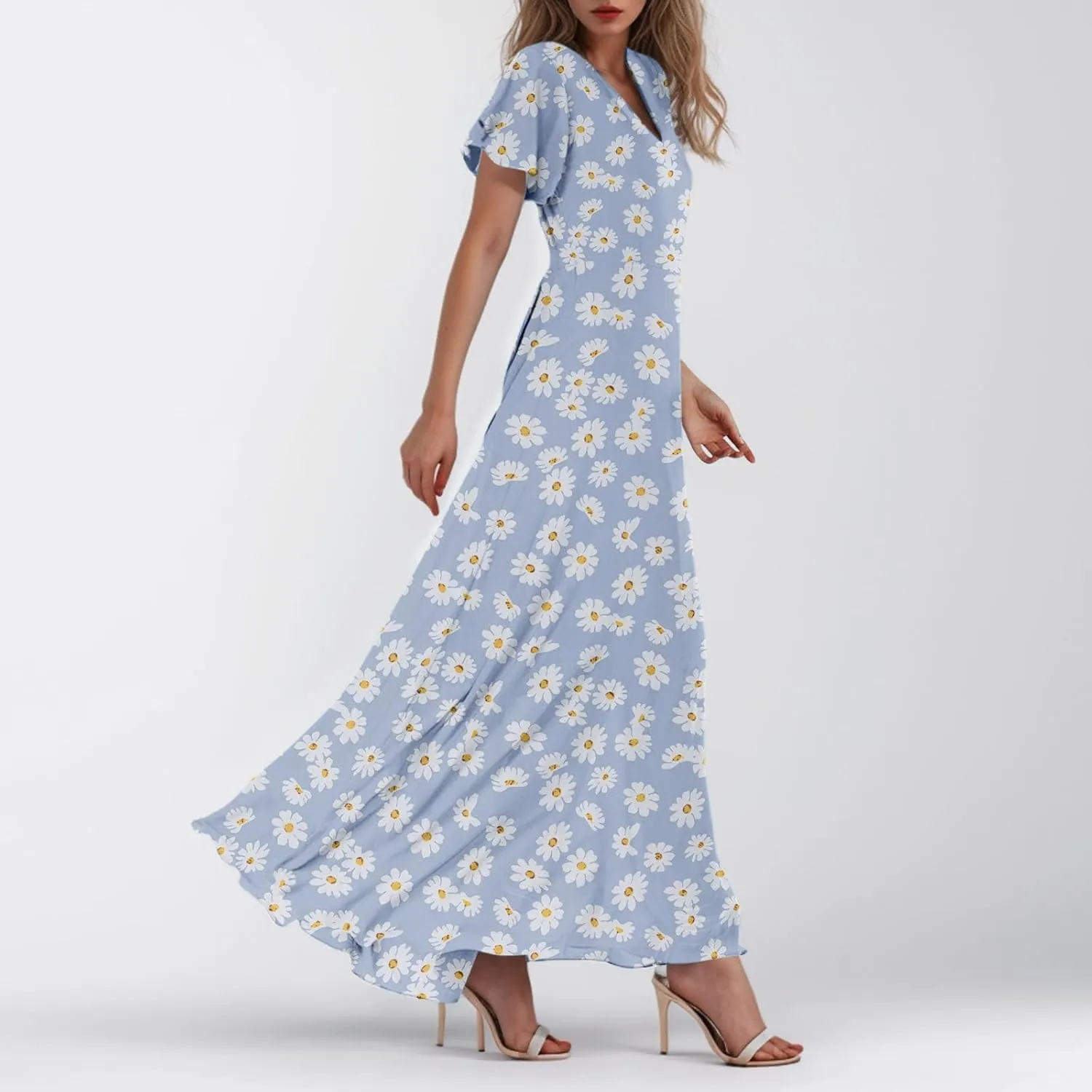 Chiffon Dresses for Women Summer Elegant V Neck Empire Waist Swing Ruffle Floral Maxi Dress with Sleeves
