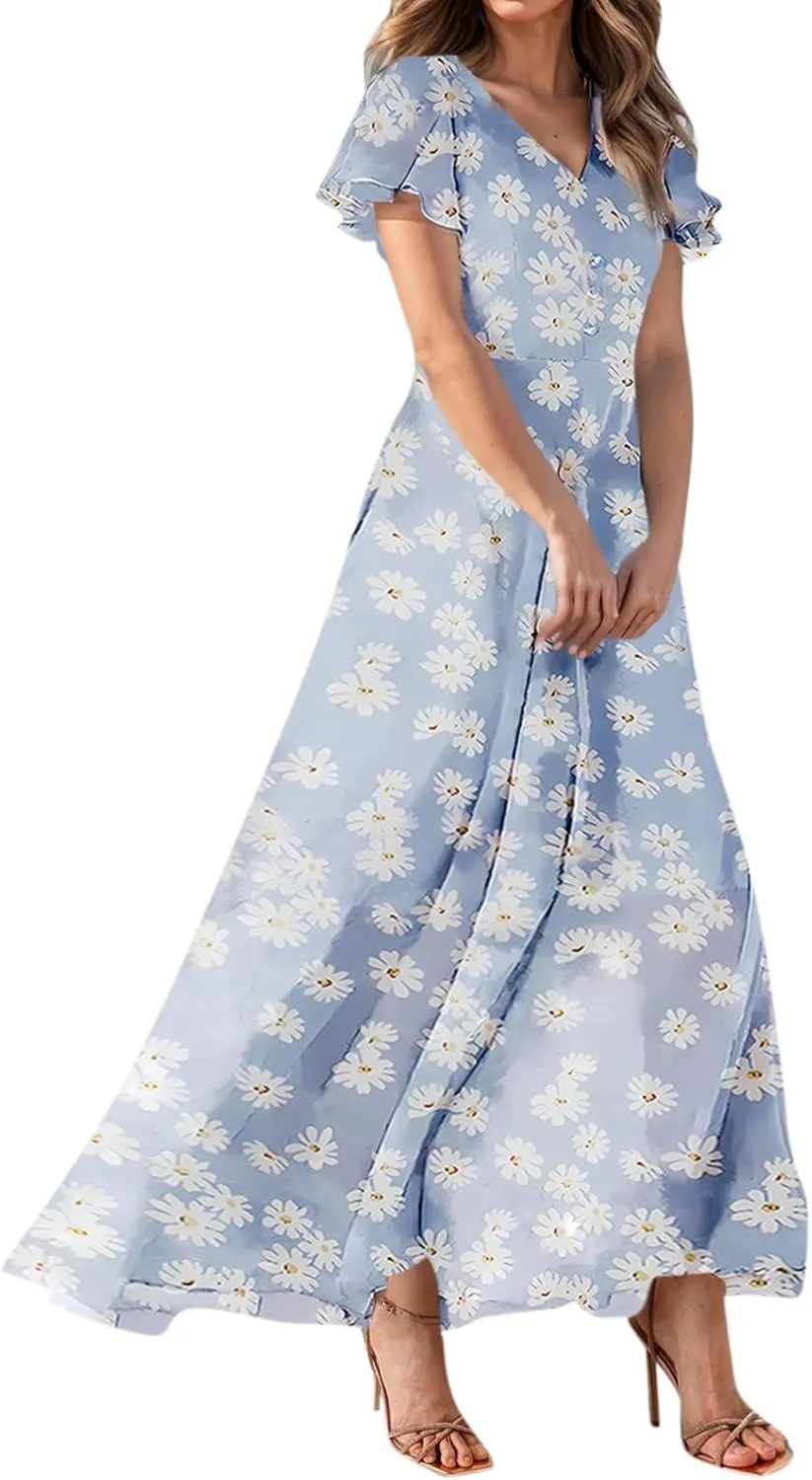 Chiffon Dresses for Women Summer Elegant V Neck Empire Waist Swing Ruffle Floral Maxi Dress with Sleeves