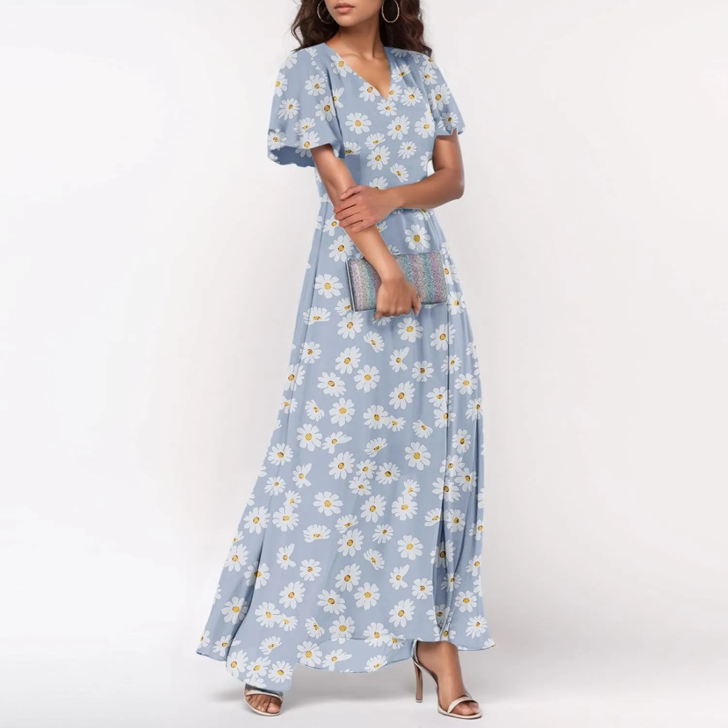 Chiffon Dresses for Women Summer Elegant V Neck Empire Waist Swing Ruffle Floral Maxi Dress with Sleeves