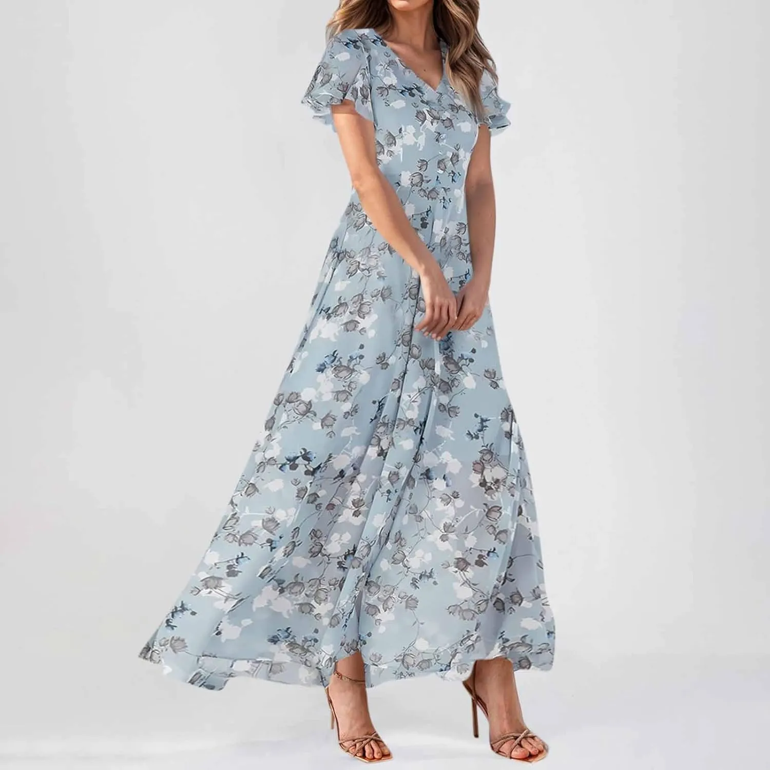 Chiffon Dresses for Women Summer Elegant V Neck Empire Waist Swing Ruffle Floral Maxi Dress with Sleeves
