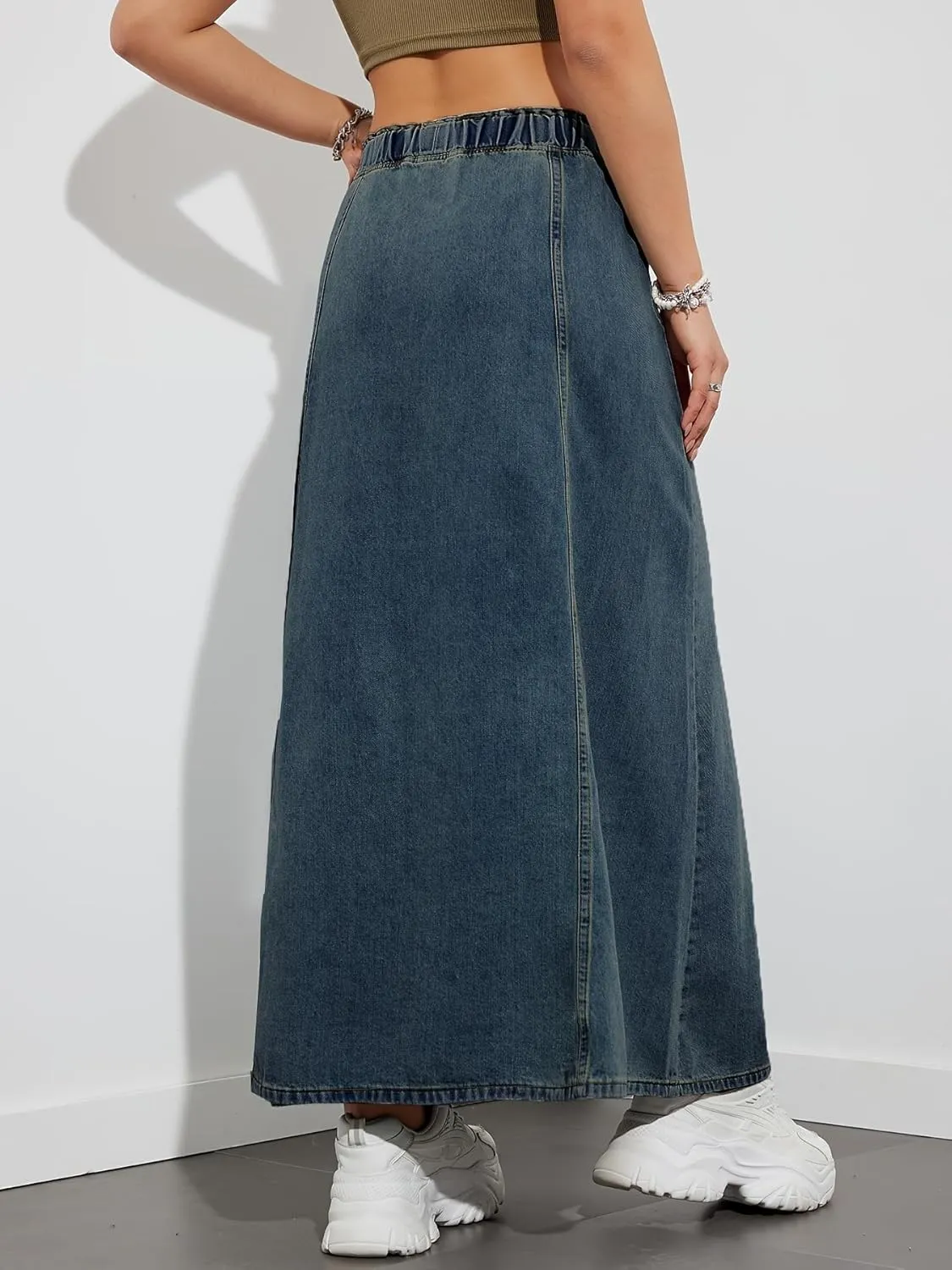 chouyatou Women's Casual Paperbag Elastic High Waist A Line Long Maxi Flare Denim Skirt