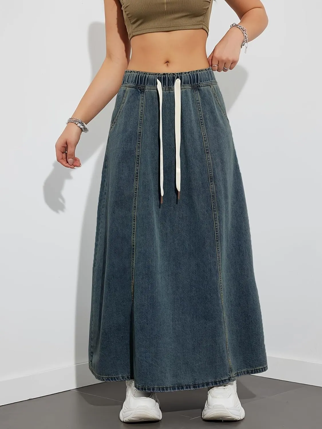 chouyatou Women's Casual Paperbag Elastic High Waist A Line Long Maxi Flare Denim Skirt