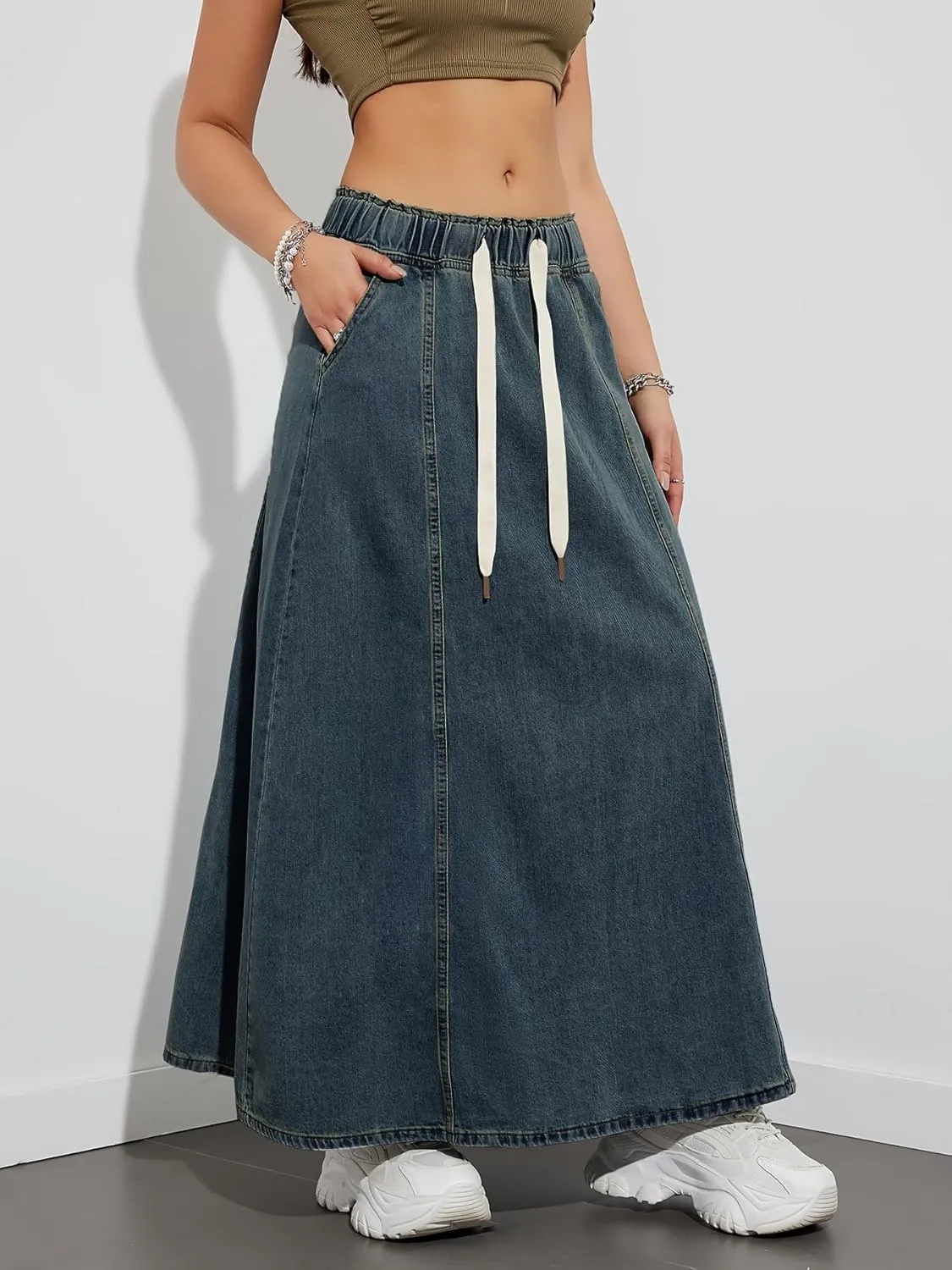 chouyatou Women's Casual Paperbag Elastic High Waist A Line Long Maxi Flare Denim Skirt
