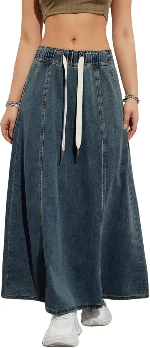 chouyatou Women's Casual Paperbag Elastic High Waist A Line Long Maxi Flare Denim Skirt