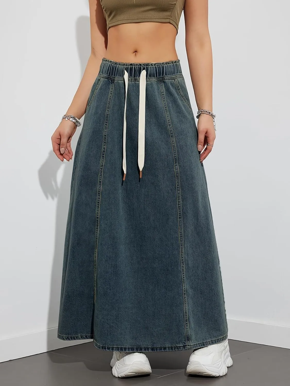 chouyatou Women's Casual Paperbag Elastic High Waist A Line Long Maxi Flare Denim Skirt