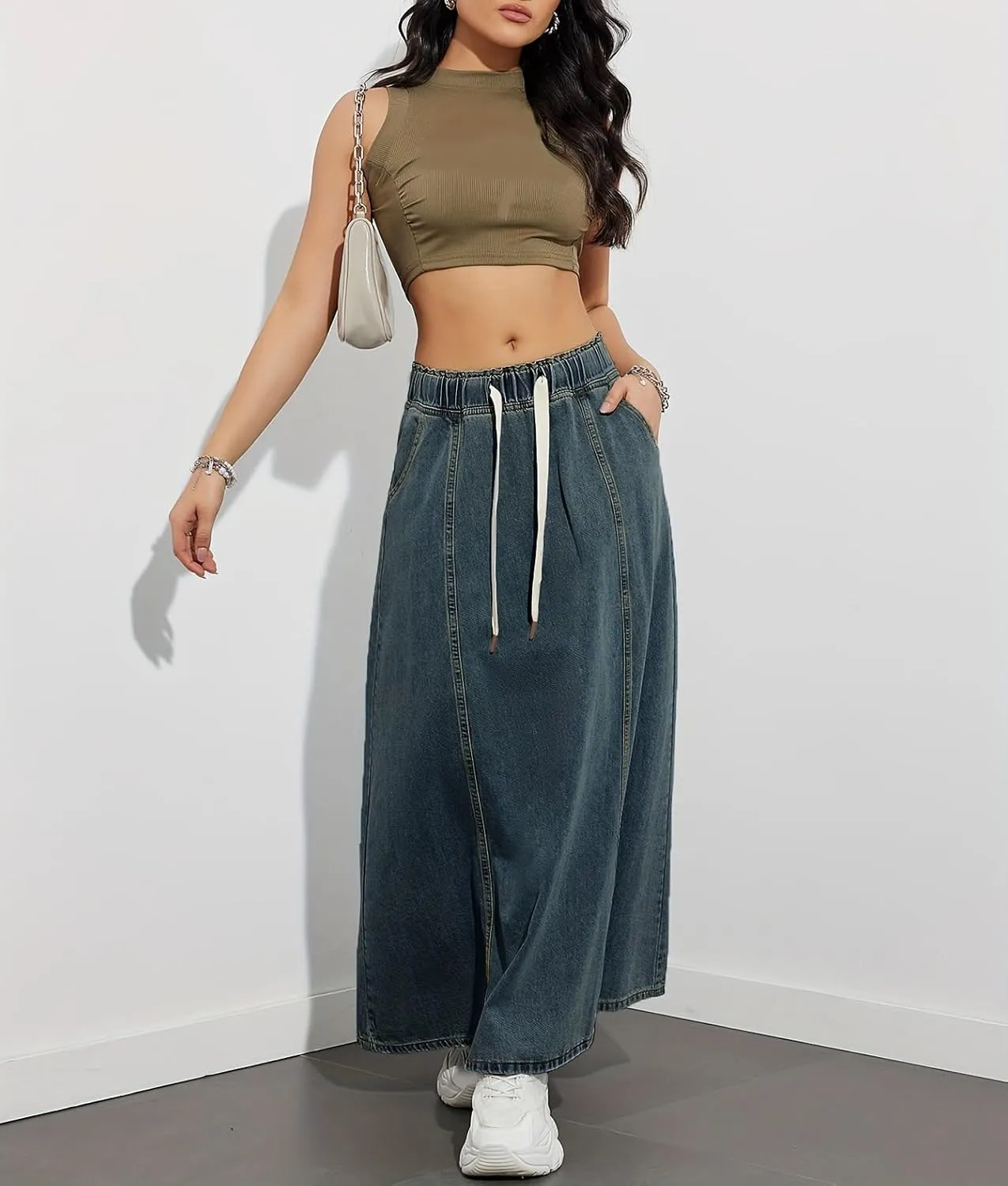 chouyatou Women's Casual Paperbag Elastic High Waist A Line Long Maxi Flare Denim Skirt