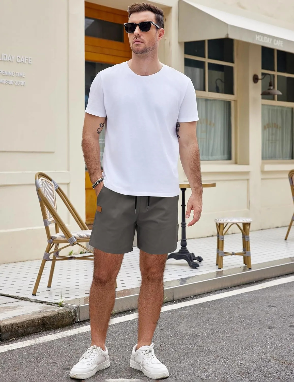 COOFANDY Men's Casual Cotton Shorts 5 Inch Summer Beach Shorts Lightweight Drawstring Elastic Waist Chino Golf Shorts