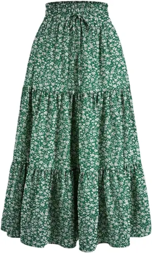COTECRAM Womens Boho Floral Print Skirt Trendy Pleated A-Line Skirts Casual Flowy Swing Midi Skirts Beach Vacation Clothes