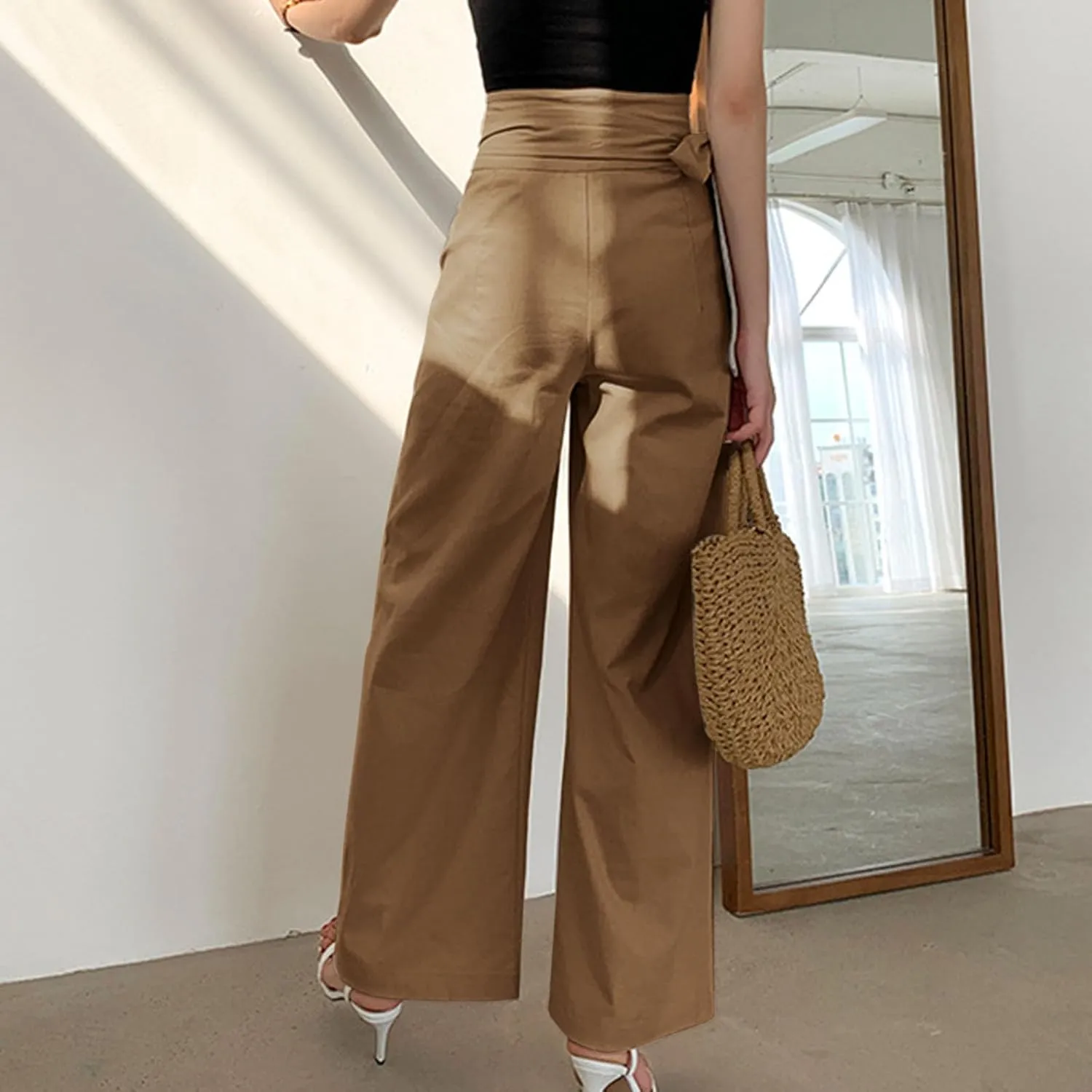 Cotton Linen Palazzo Pants for Women Fashion Side Paperbag Wide Leg Pants Casual Loose Elegant Solid Irregular Trousers