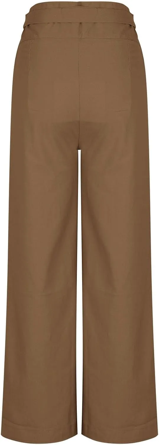Cotton Linen Palazzo Pants for Women Fashion Side Paperbag Wide Leg Pants Casual Loose Elegant Solid Irregular Trousers