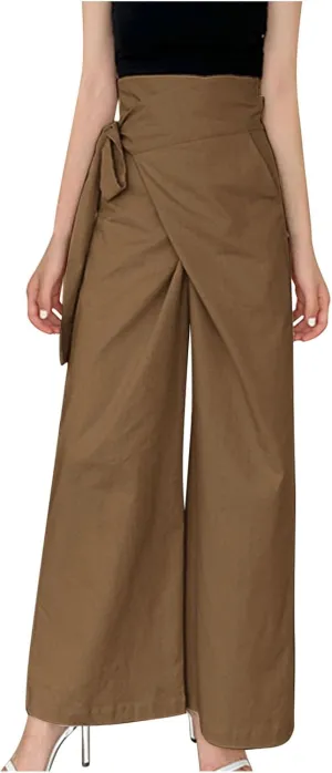 Cotton Linen Palazzo Pants for Women Fashion Side Paperbag Wide Leg Pants Casual Loose Elegant Solid Irregular Trousers