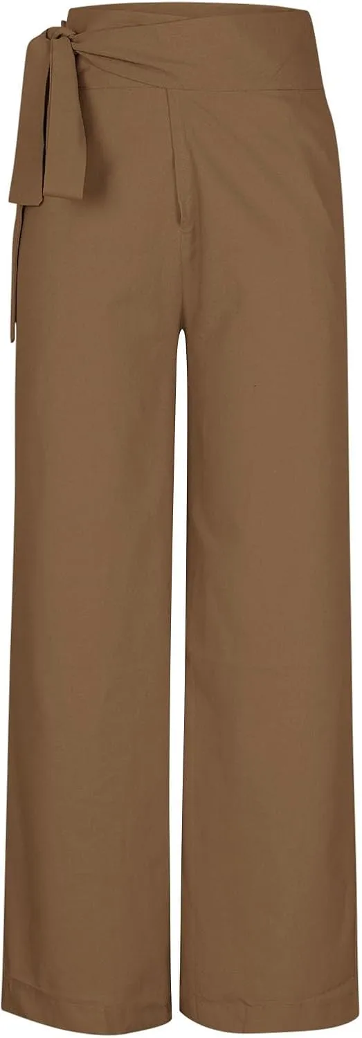 Cotton Linen Palazzo Pants for Women Fashion Side Paperbag Wide Leg Pants Casual Loose Elegant Solid Irregular Trousers