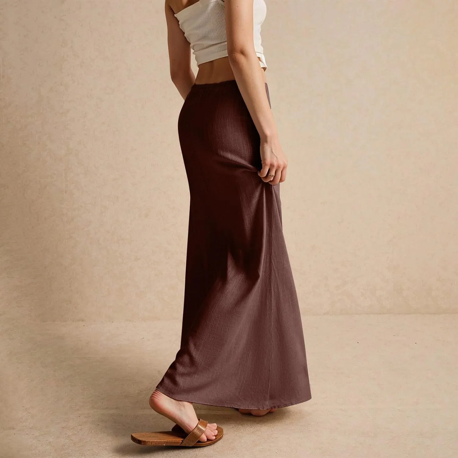 Cotton Linen Skirts for Women Maxi Length Summer Skirts Drawstring Low Rise A-Line Casual Loose Flowy Long Beach Skirt