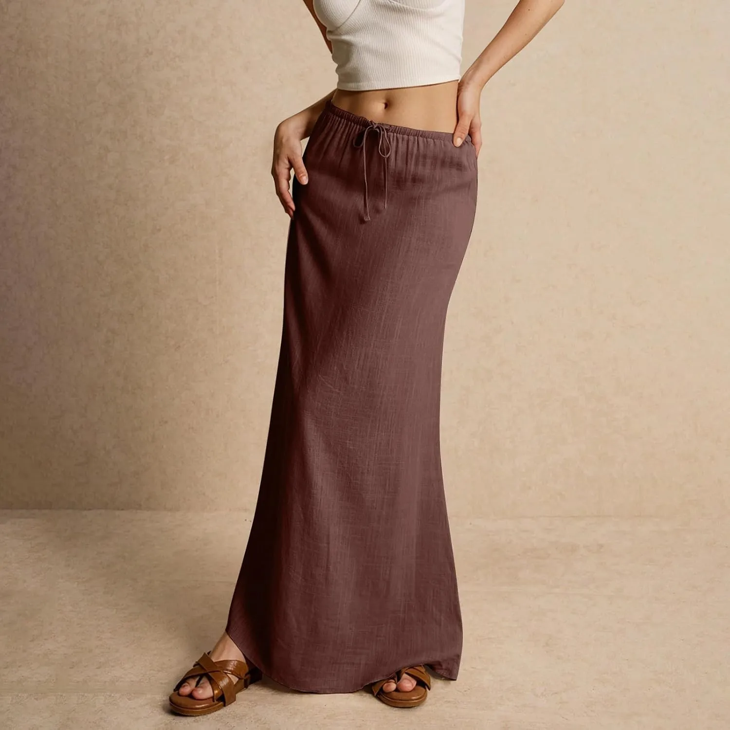 Cotton Linen Skirts for Women Maxi Length Summer Skirts Drawstring Low Rise A-Line Casual Loose Flowy Long Beach Skirt