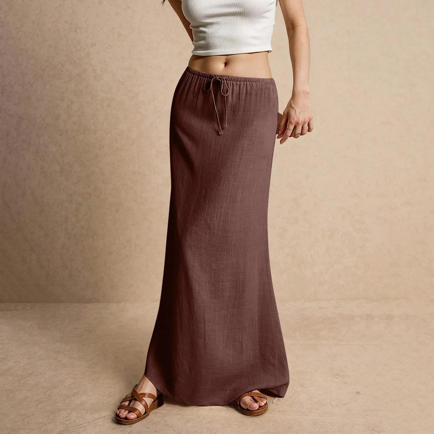 Cotton Linen Skirts for Women Maxi Length Summer Skirts Drawstring Low Rise A-Line Casual Loose Flowy Long Beach Skirt
