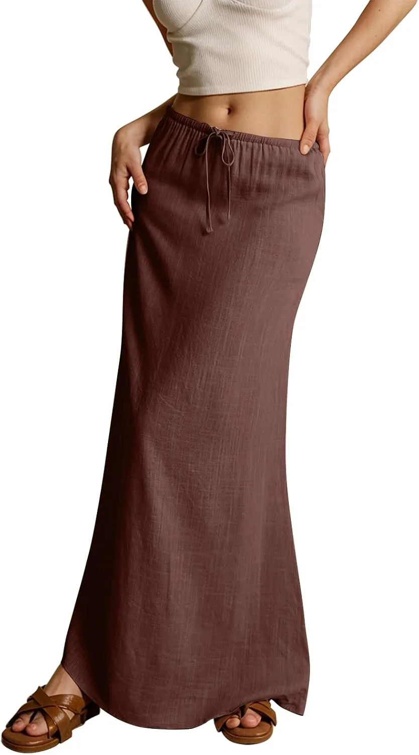 Cotton Linen Skirts for Women Maxi Length Summer Skirts Drawstring Low Rise A-Line Casual Loose Flowy Long Beach Skirt