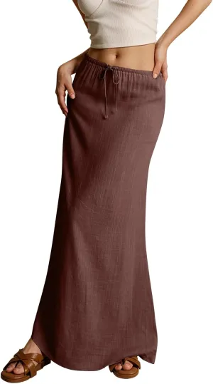 Cotton Linen Skirts for Women Maxi Length Summer Skirts Drawstring Low Rise A-Line Casual Loose Flowy Long Beach Skirt