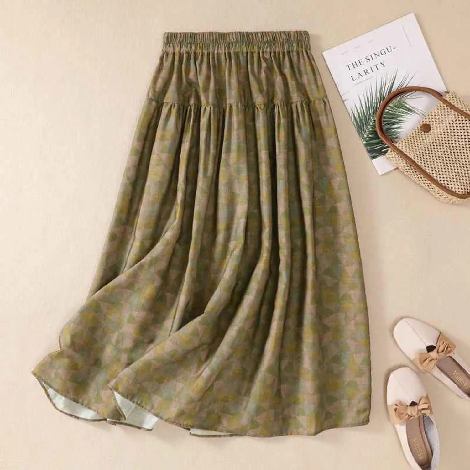 Cotton Linen Skirts for Women Summer Elastic High Waisted Ruffled Flowy Midi Skirt Casual Summer Ruched Loose Skorts
