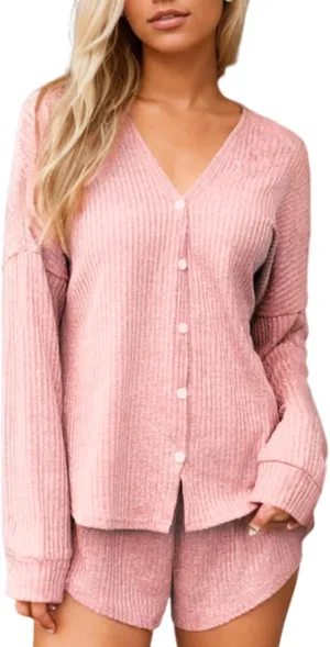 CUPSHE Ribbed Knit Long Sleeve and Short Pajama Sets 2 Piece Button Down Long Sleeve PJs for Women Soft Loungewear Pink