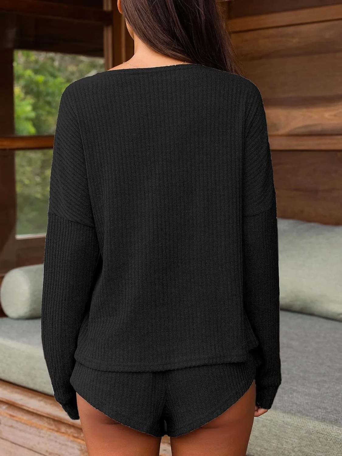 CUPSHE Women's Pajama Sets Ribbed Knit Long Sleeve Matching Set 2 Piece Loungewear Button Down Pjs