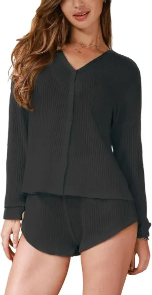 CUPSHE Women's Pajama Sets Ribbed Knit Long Sleeve Matching Set 2 Piece Loungewear Button Down Pjs