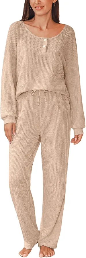 CUPSHE Womens Ribbed Knit Pajama Sets Long Sleeve Loungewear 2 Piece Soft and Comfy Lounge PJs Sets
