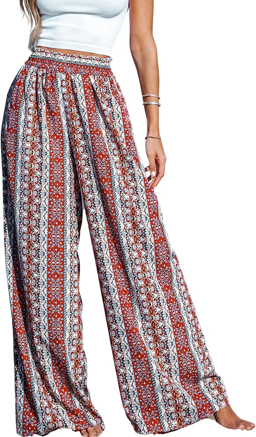 CUPSHE Women's Wide Leg Tribal Print Smocked Pants High Elastic Waisted Bobo Pants