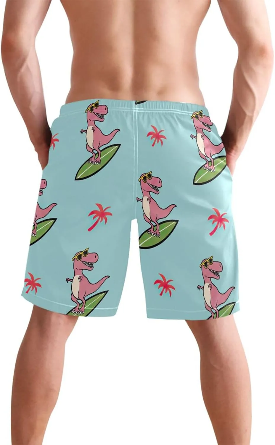 Custom Swim Trunks for Men Cartoon T Rex Blue Swimming Board Shorts Bathing Suit Quick Dry S
