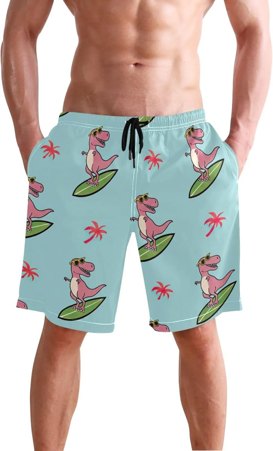 Custom Swim Trunks for Men Cartoon T Rex Blue Swimming Board Shorts Bathing Suit Quick Dry S