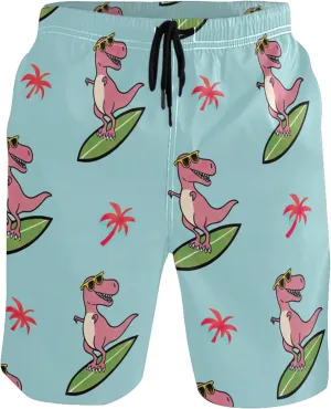 Custom Swim Trunks for Men Cartoon T Rex Blue Swimming Board Shorts Bathing Suit Quick Dry S