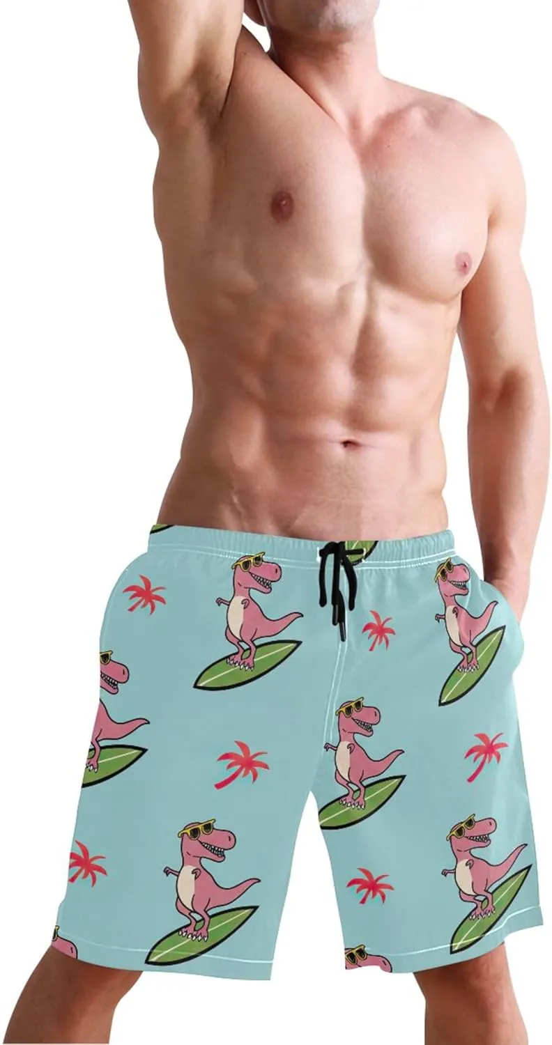 Custom Swim Trunks for Men Cartoon T Rex Blue Swimming Board Shorts Bathing Suit Quick Dry S