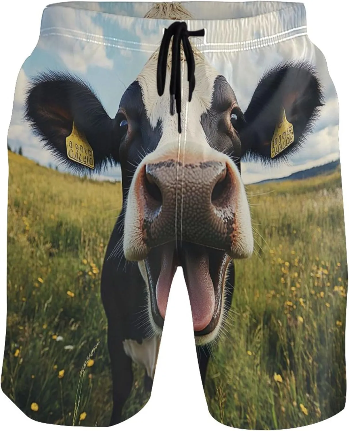 Cute Happy Cow Swim Trunks for Men Swimwear with Mesh Liner Surf Swimming Board Shorts S