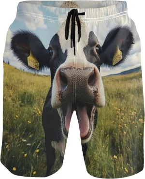 Cute Happy Cow Swim Trunks for Men Swimwear with Mesh Liner Surf Swimming Board Shorts S