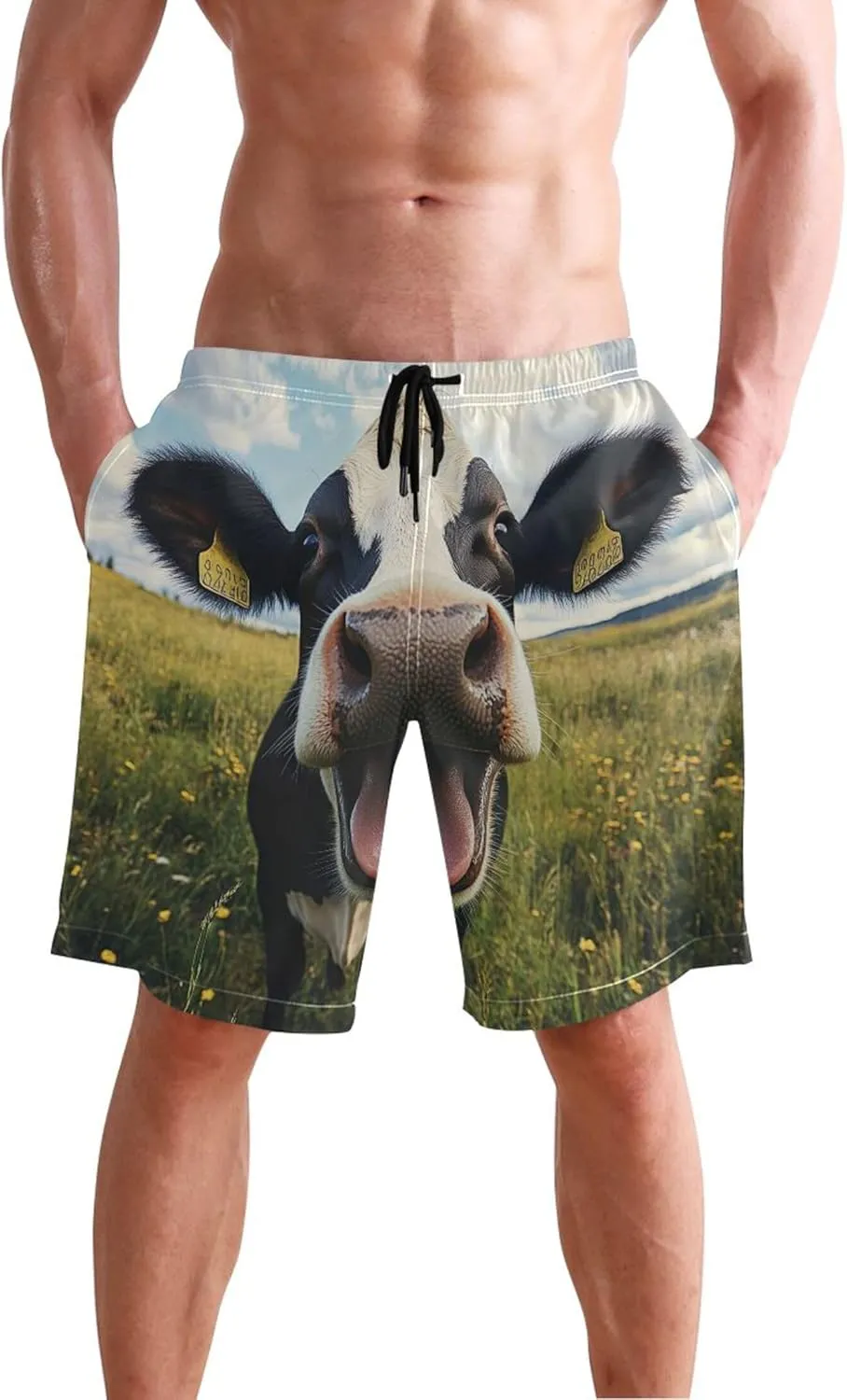 Cute Happy Cow Swim Trunks for Men Swimwear with Mesh Liner Surf Swimming Board Shorts S