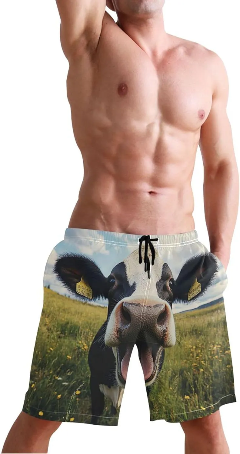 Cute Happy Cow Swim Trunks for Men Swimwear with Mesh Liner Surf Swimming Board Shorts S
