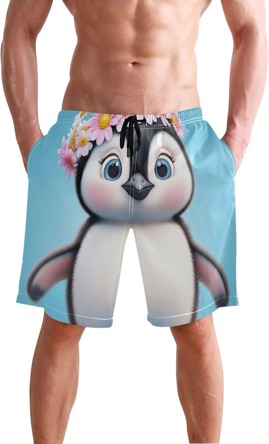 Cute Penguin Flowers Blue Men's Swim Trunks Funny Swimwear Bathing Suit Surf Swimming Suit for Men S